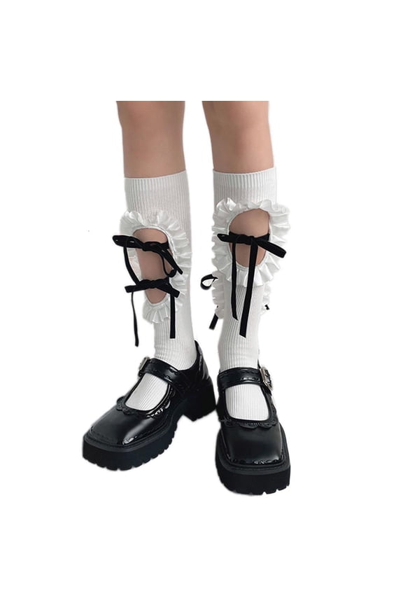 Women Ribbed Calf Socks Lolita Hollow Out Hole Ruffled Lace-Up Bow Stockings