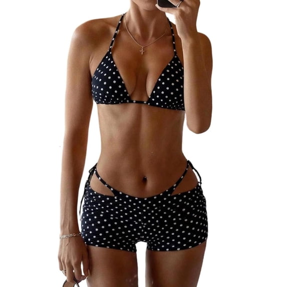 Lerpwige Women's 3 Piece Halter Bikini Set Polka Dots Triangle String Swimsuits Bathing Suit with Beach Cover Up Shorts