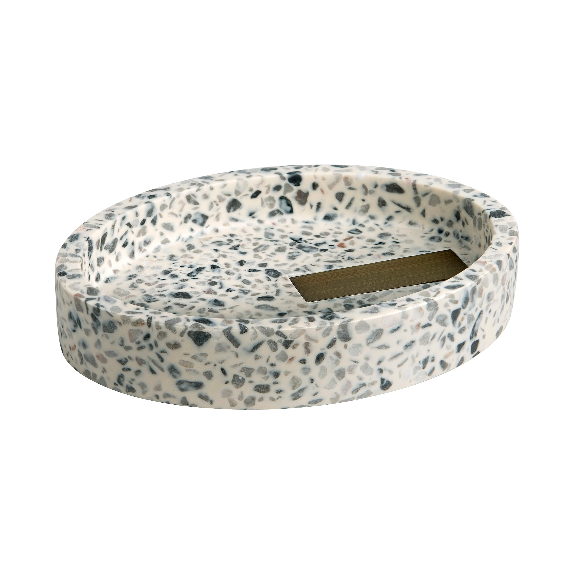 Gray and Natural Terrazzo Resin Soap Dish with Bamboo Accent