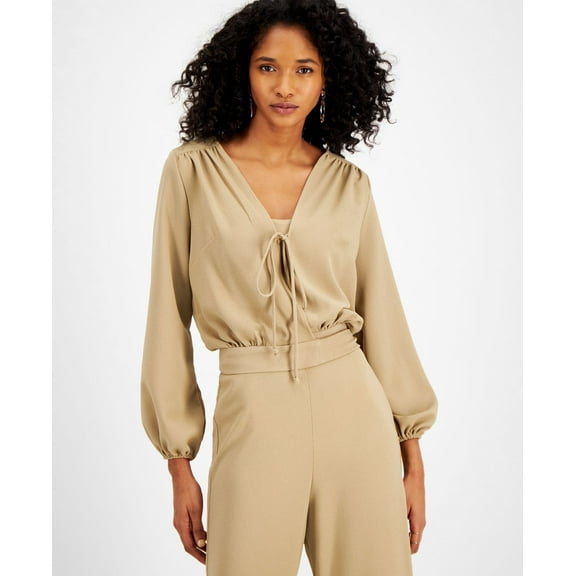 Lerumi Womens Everly Tie-Front Tops, Beige, Large