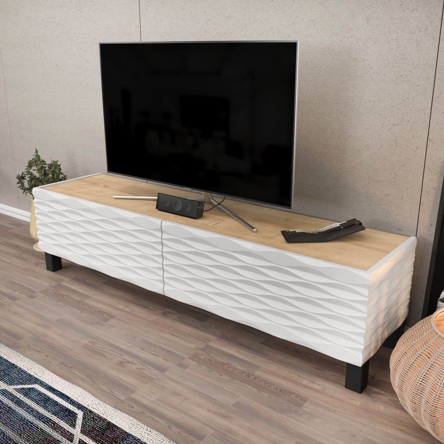 Lerze Wooden Solid Plastic Tv Stand Sapphire Oak White