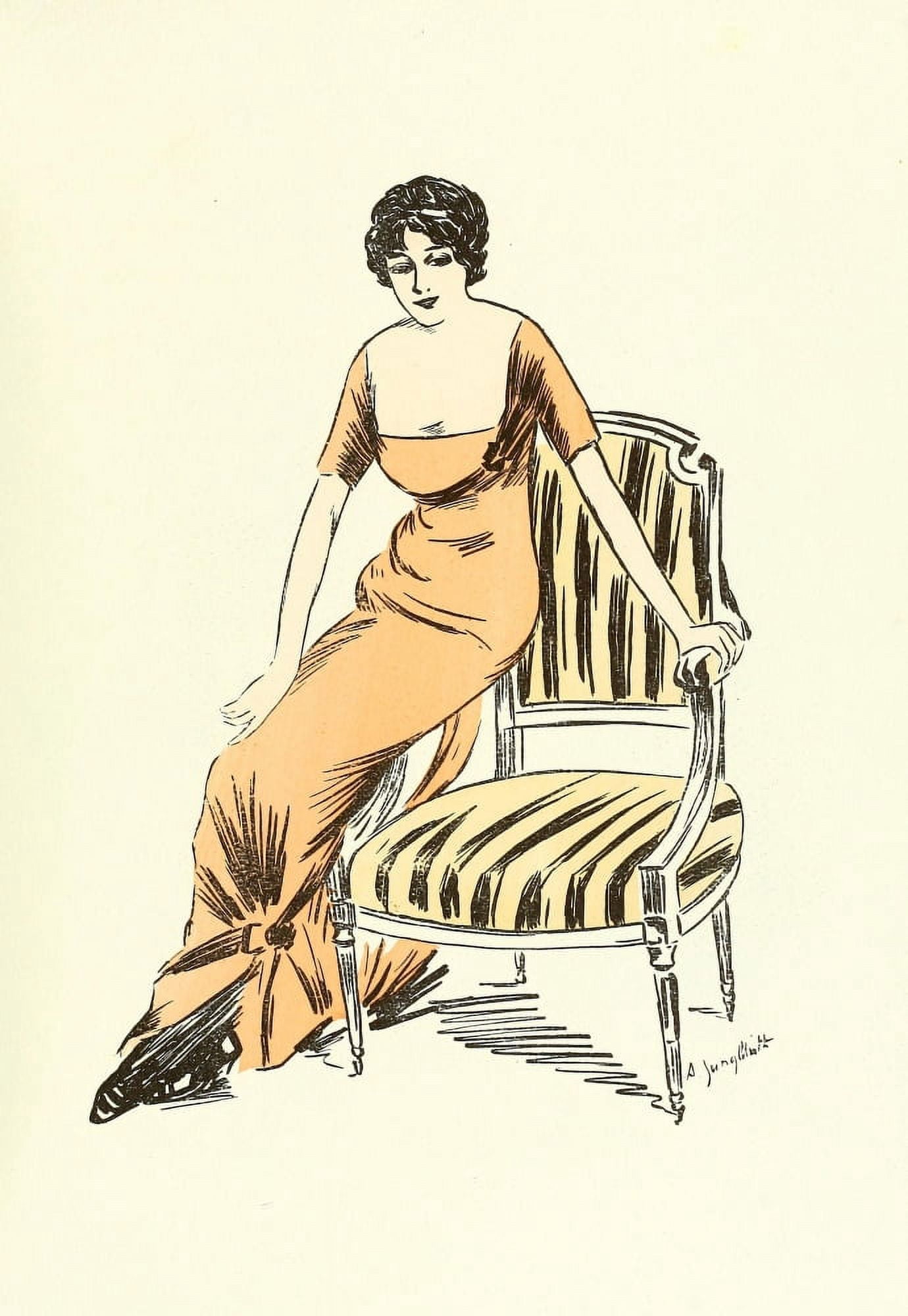 Les Crateurs de la Mode 1910 Lady in orange dress Canvas Art - Alfred L Jungbluth (18 x 24)
