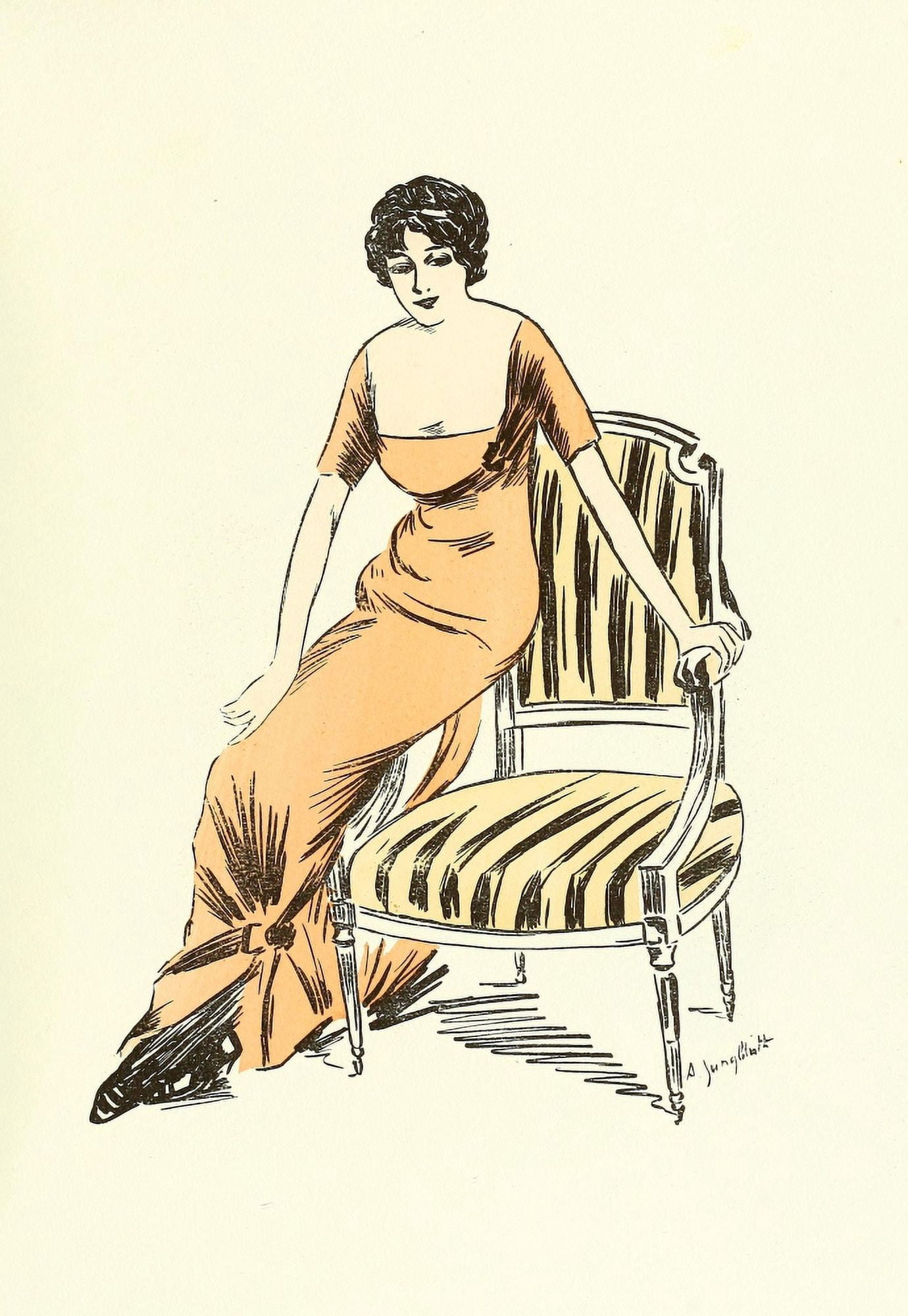 Les Crateurs de la Mode 1910 Lady in orange dress Canvas Art - Alfred L Jungbluth (24 x 36)