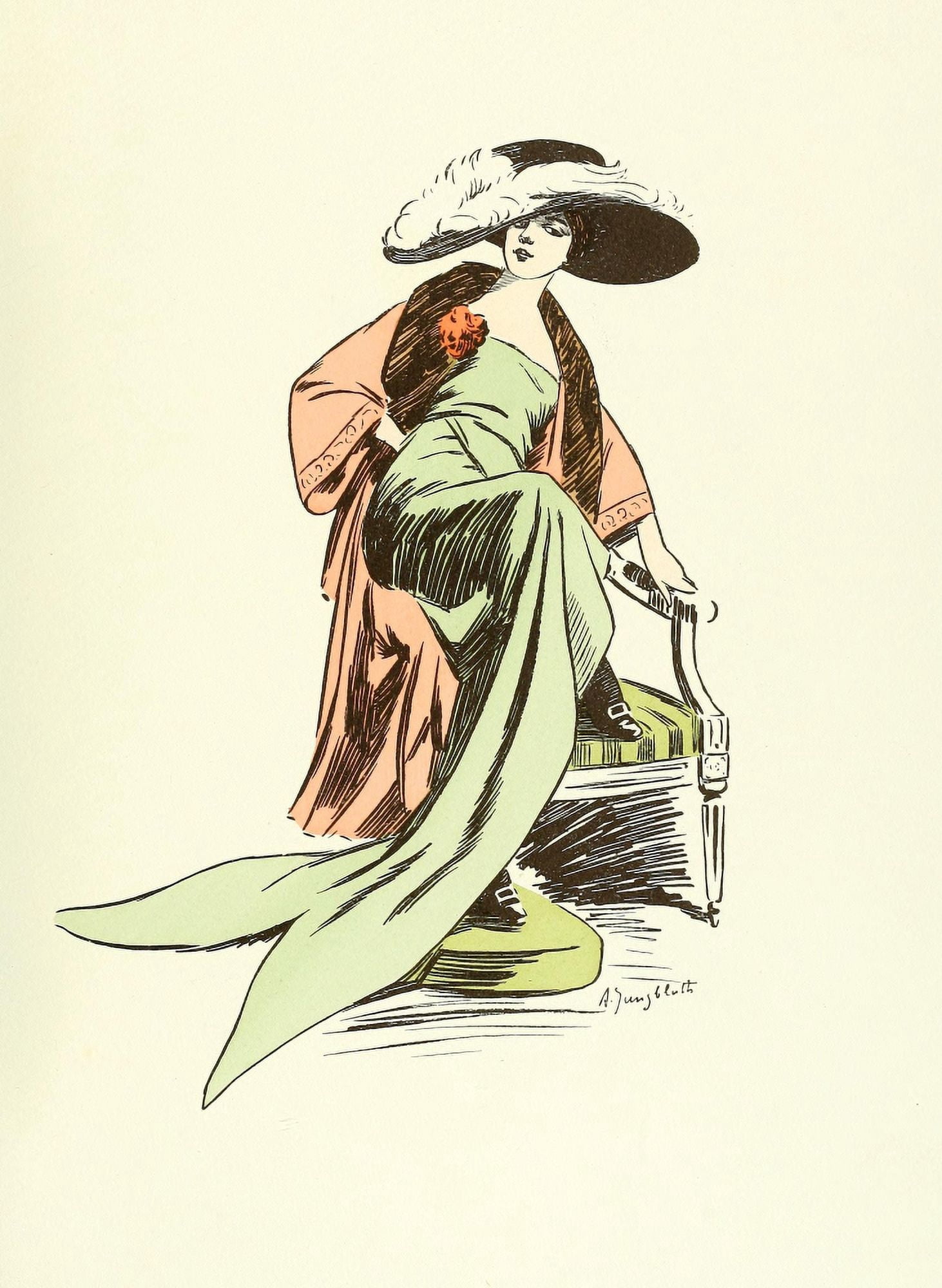 Les Crateurs de la Mode 1910 Sitting Lady green dress Canvas Art - Alfred L Jungbluth (24 x 36)