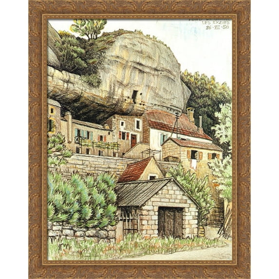 Les Eyzies France 28x36 Large Gold Ornate Wood Framed Canvas Art by M.C. Escher