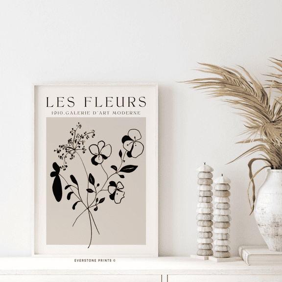 Les Fleurs Neutral Floral Bohemian Botanical Poster, Unframed Paper Poster 24x36in