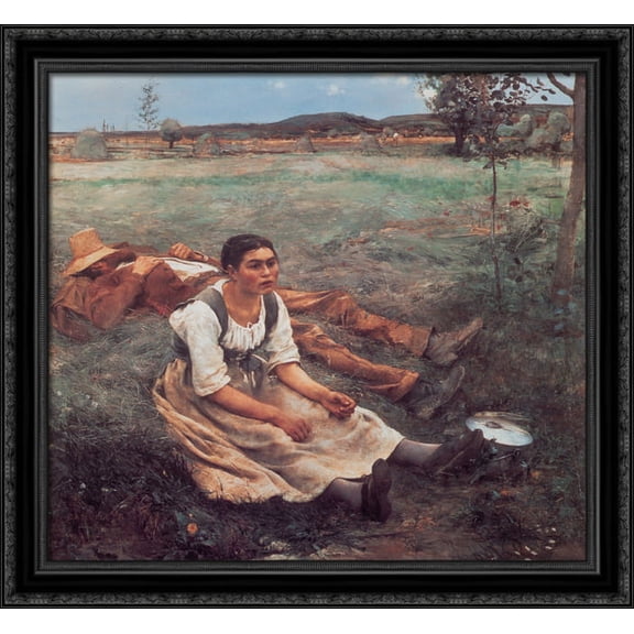 Les Foins 30x28 Large Black Ornate Wood Framed Canvas Art by Jules Bastien Lepage