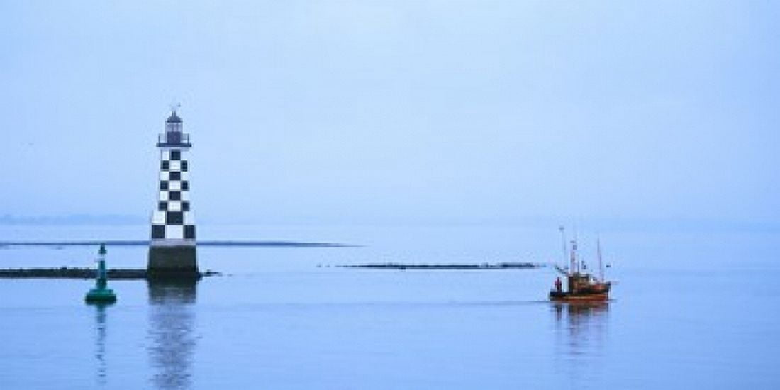 Les Perdrix lighthouse and fishing boat at Loctudy Brittany France Canvas Art - Panoramic Images (24 x 12)