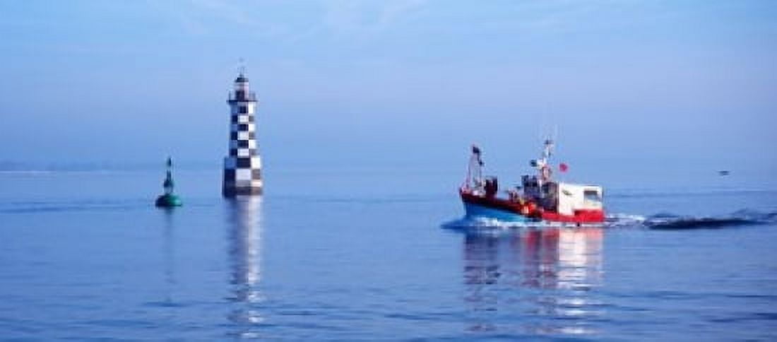 Les Perdrix lighthouse and fishing boat at Loctudy Brittany France Canvas Art - Panoramic Images (30 x 14)