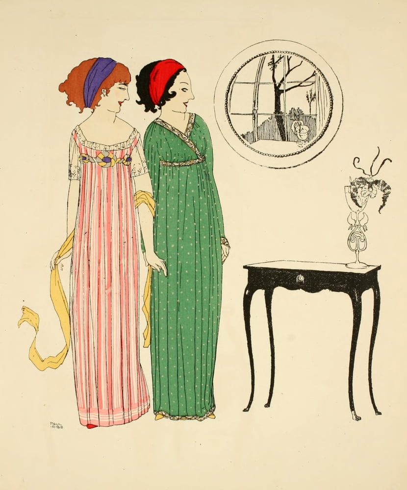 Les Robes de Paul Poiret 1908 Ladies in Pink & Green dresses Canvas Art - Paul Iribe (24 x 36)