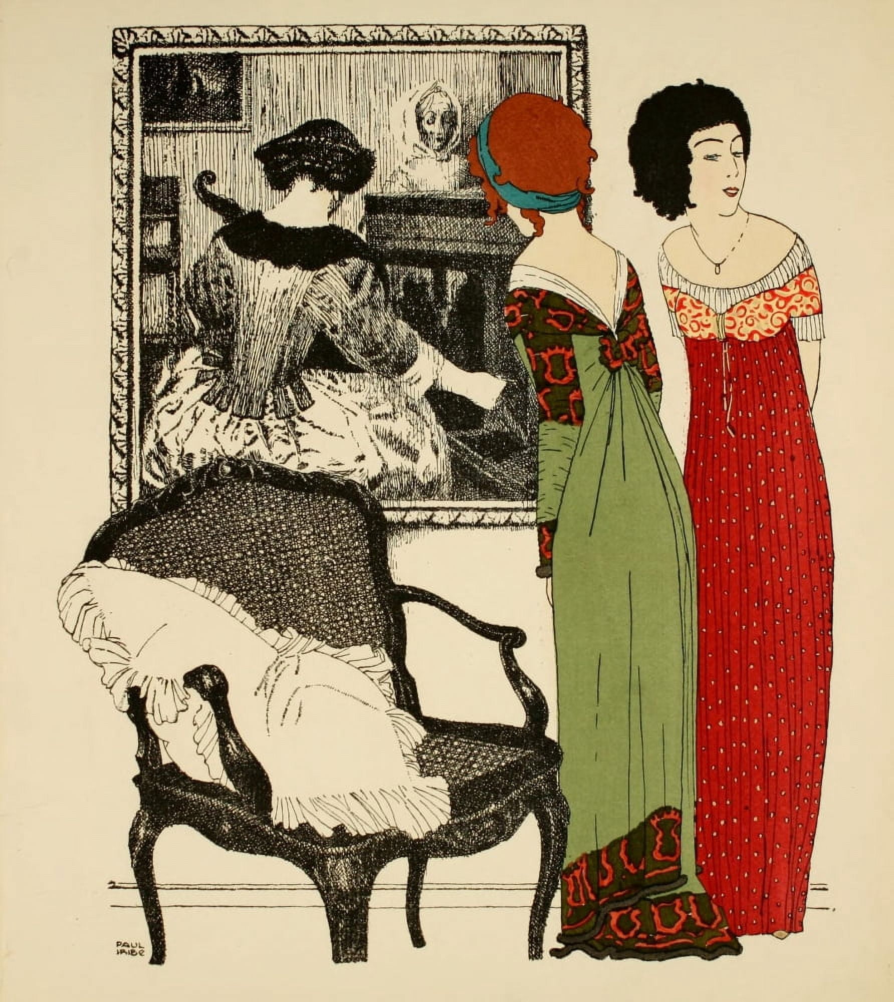 Les Robes de Paul Poiret 1908 Ladies in green & red dresses Canvas Art - Paul Iribe (18 x 24)