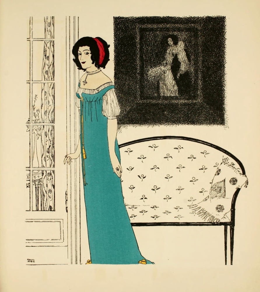 Les Robes de Paul Poiret 1908 Lady in teal dress Canvas Art - Paul Iribe (18 x 24)