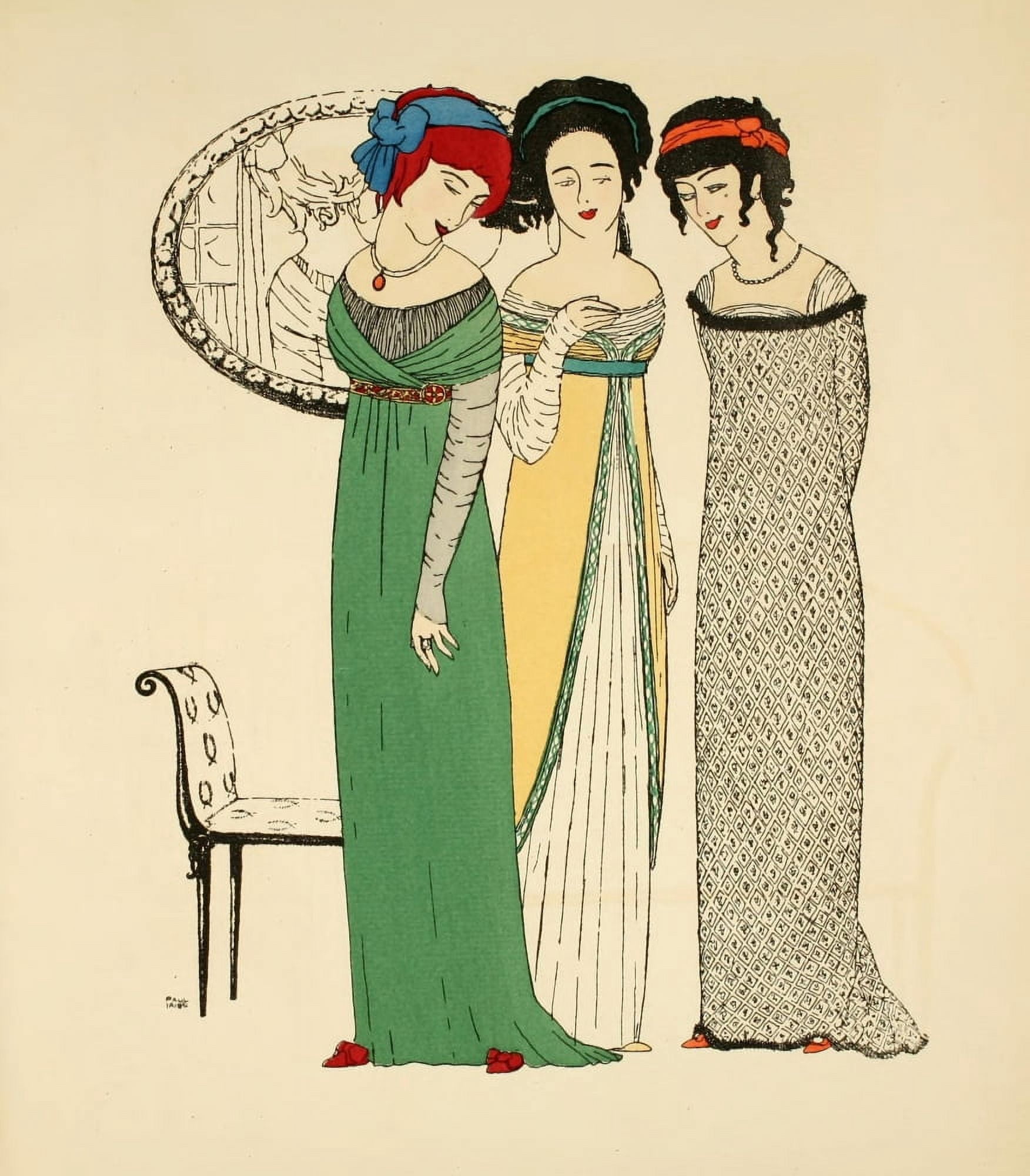 Les Robes de Paul Poiret 1908 Three ladies green dress Canvas Art - Paul Iribe (18 x 24)