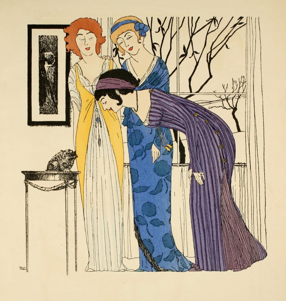 Les Robes de Paul Poiret 1908 Three ladies purple dress Canvas Art - Paul Iribe (24 x 36)