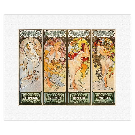 Les Saisons (The Seasons) - Hiver, Printemps, Ete, Automne (Winter, Spring, Summer, Autumn) - Vintage Art Nouveau Poster by Alphonse Mucha c.1890s - Fine Art Rolled Canvas Print 11in x 14in