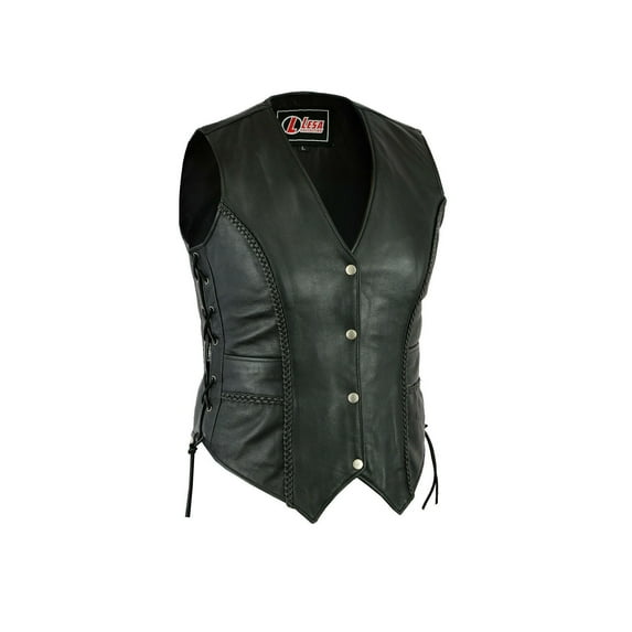Lesa Collection Ladies Black Leather Waistcoat Side Laces Motorcycle Style Biker Women's Vintage Vests Size - S