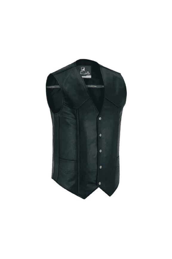 Classic Black Cowhide Leather Vest with Snap Button Closure & Pockets