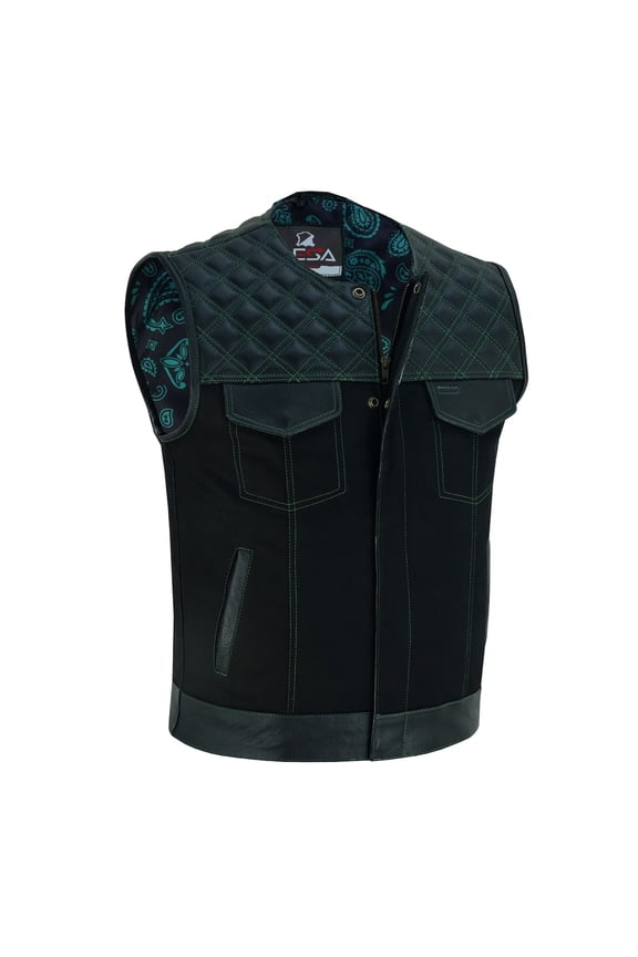 Mens Black Denim & Leather Motorcycle Club Vest Green Thread Zipper Front, Diamo - 4XL