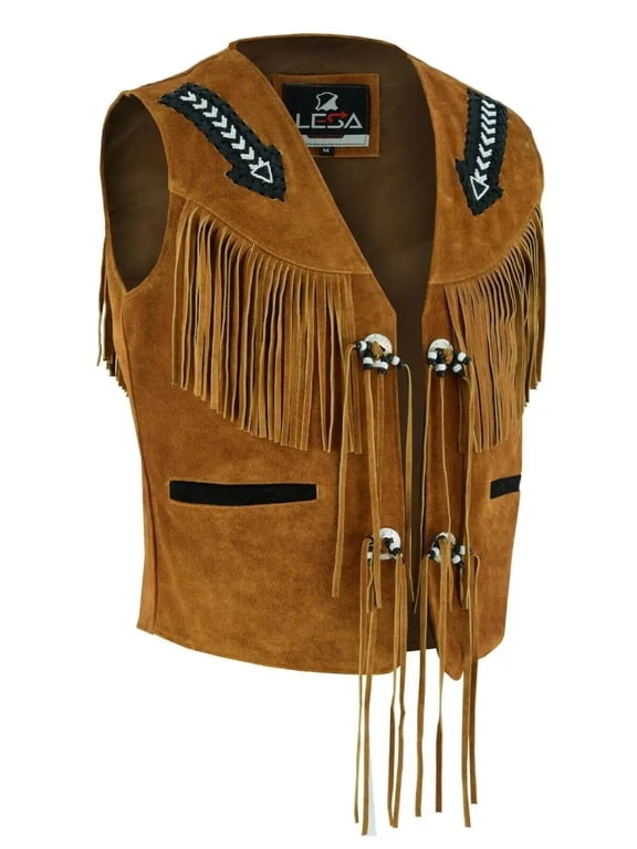 Men's Tan Suede Leather Fringe Vest – Western Cowboy Style