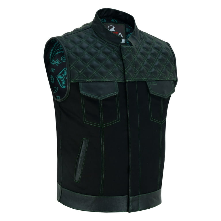 Lesa Collection Mens Black Denim Leather Motorcycle Club Vest Green Thread Zipper Front Diamo 3XL