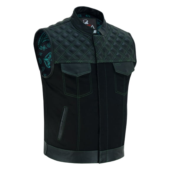 Lesa Collection Mens Black Denim & Leather Motorcycle Club Vest Green Thread Zipper Front, Diamo - XXL