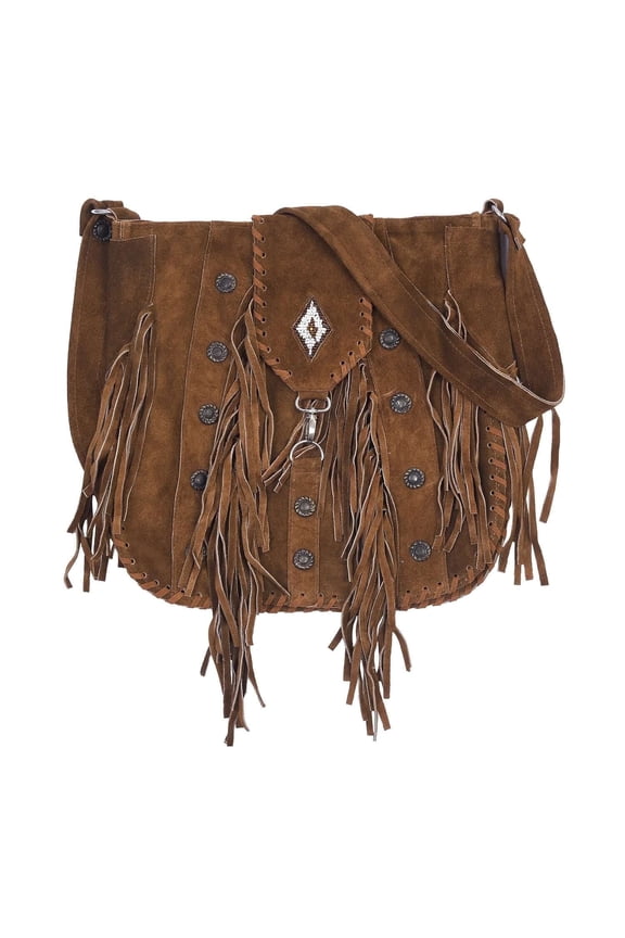 Women's Leather Vintage Suede Fringe Crossbody Bag, Brown, 1-Piece