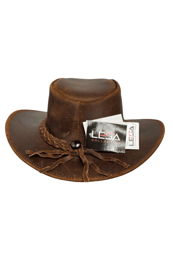 Vintage Gunner Leather Cowboy Hat with Braided Band - Stylish Cowgirl Hat with Removable Chinstrap (TanBrown, M)