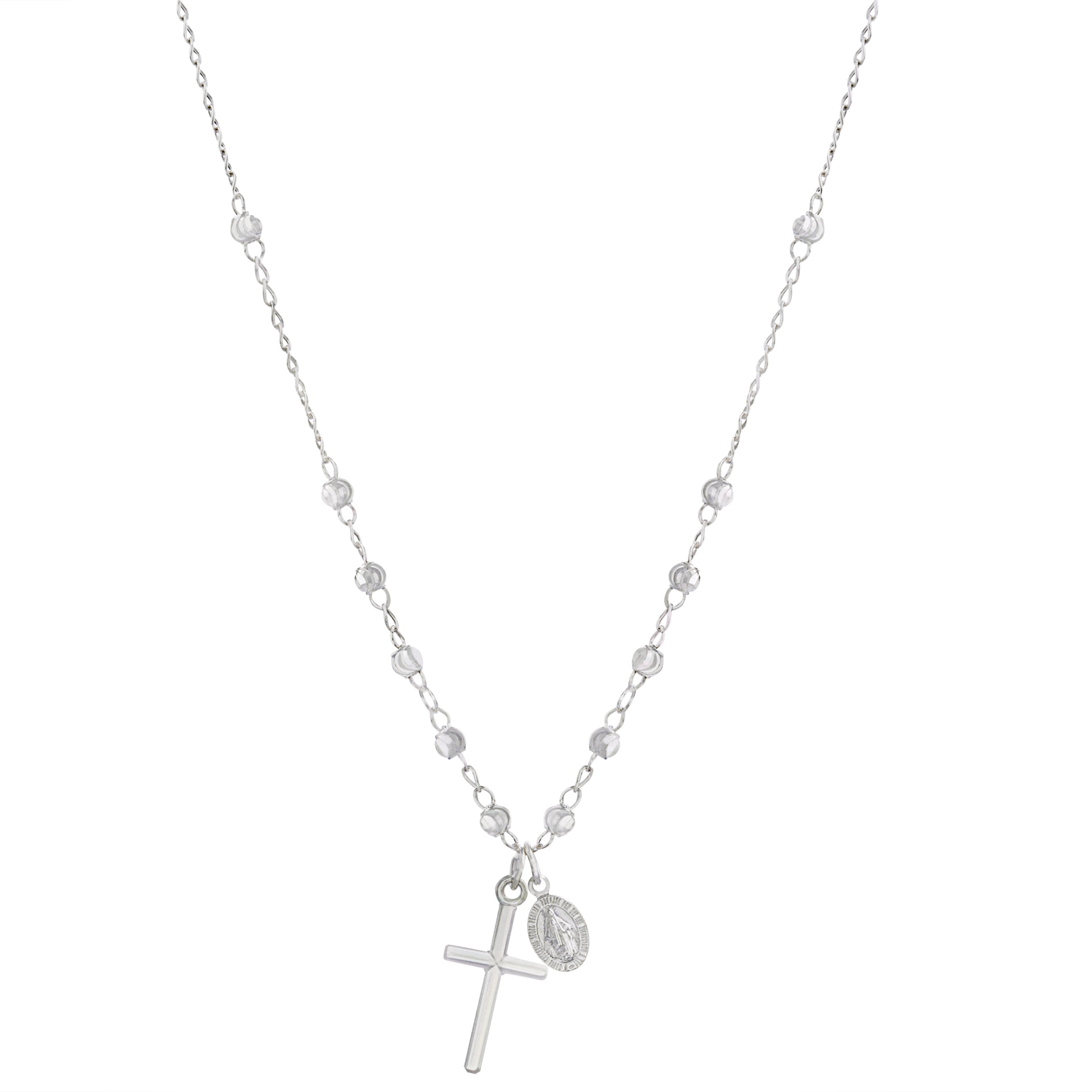 Lesa Michele Beaded Station Necklace with Cross & Virigin Mary Oval Disc in  E-Coat Plated Sterling Silver for Women