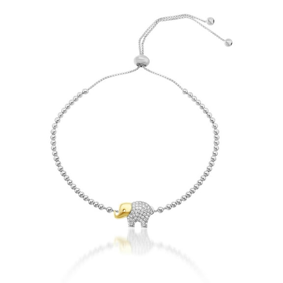 Lesa Michele Cubic Zirconia Elephant Beaded Adjustable Slider Bracelet in Yellow Gold and Rhodium Plated Brass for Women