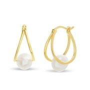 Lesa Michele Freshwater Pearl Split Hinge Hoop Earring in Yellow Gold Plated Brass