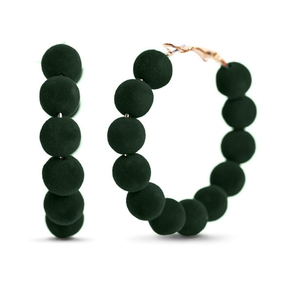 Lesa Michele Green Velvet Alloy Ball Hoop Earrings