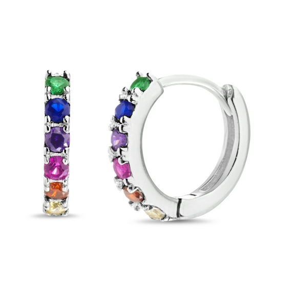 Lesa Michele Rainbow Cubic Zirconia Huggie Earring in Rhodium Plated Sterling Silver for Women