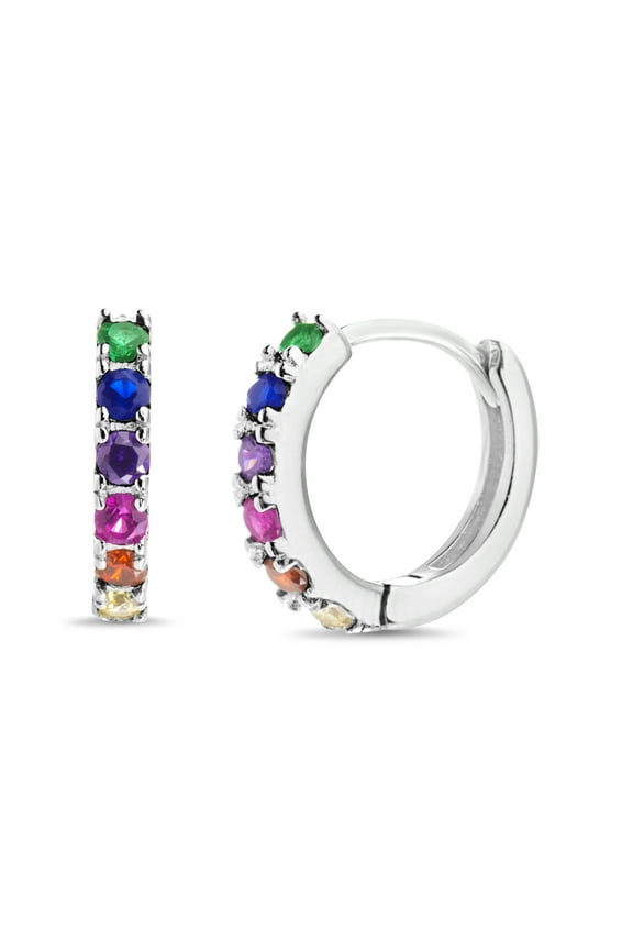 Rainbow Cubic Zirconia Huggie Earring in Rhodium Plated Sterling Silver for Women
