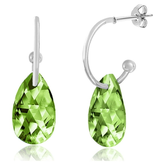 Lesa Michele Teardrop Shaped Simulated Peridot Crystal Hoop Earrings in Rhodium Plated Alloy for Women