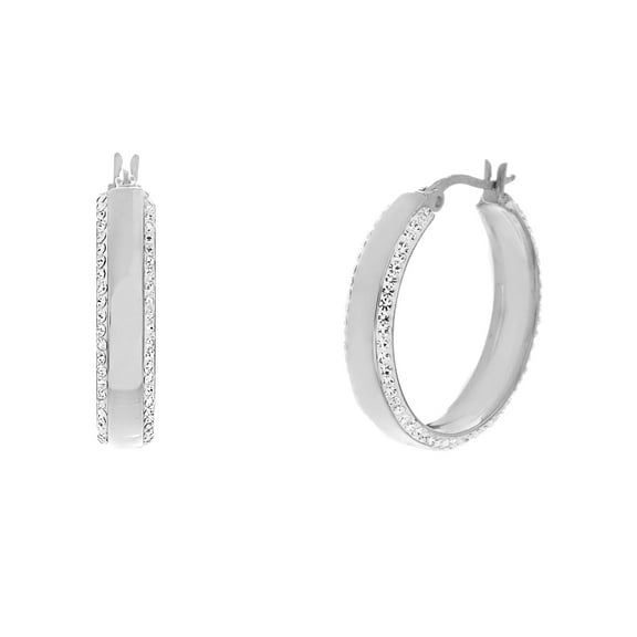 Lesa Michele White Crystal Border Round 30MM Hoop Earrings in Stainless Steel for Women
