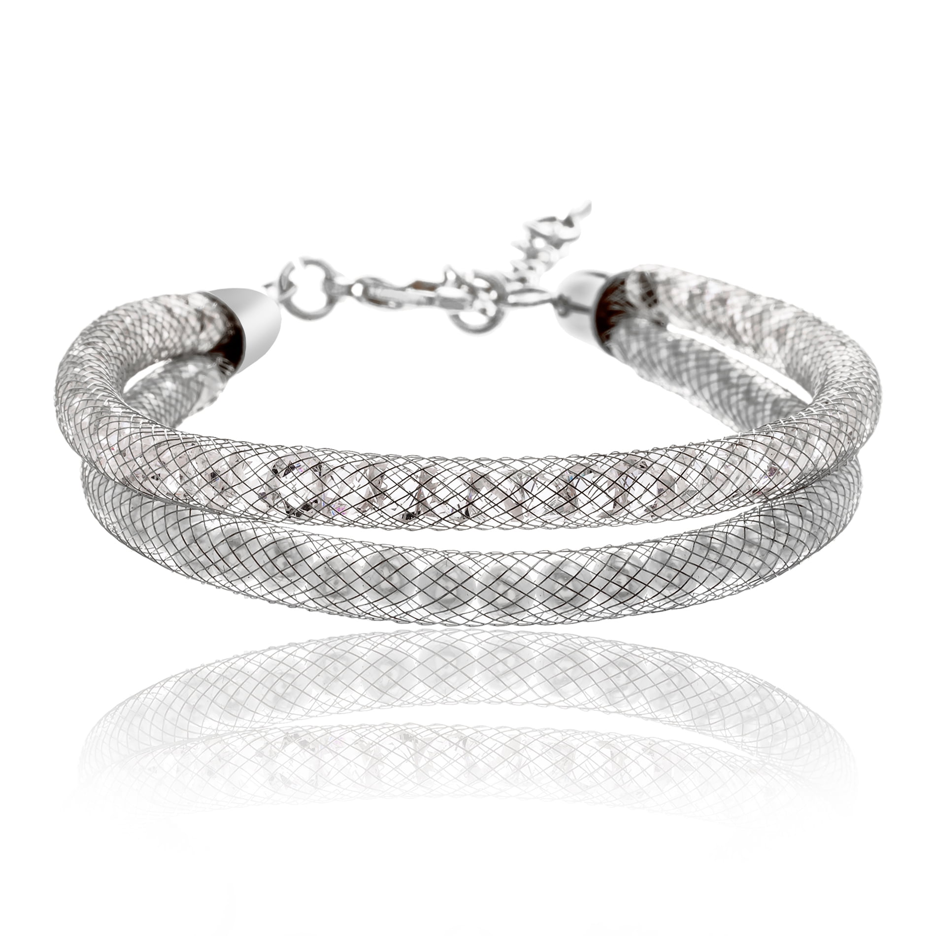 Lesa Michele Women's Silvertone Crystal Twisted Double Stranded Mesh Bracelet