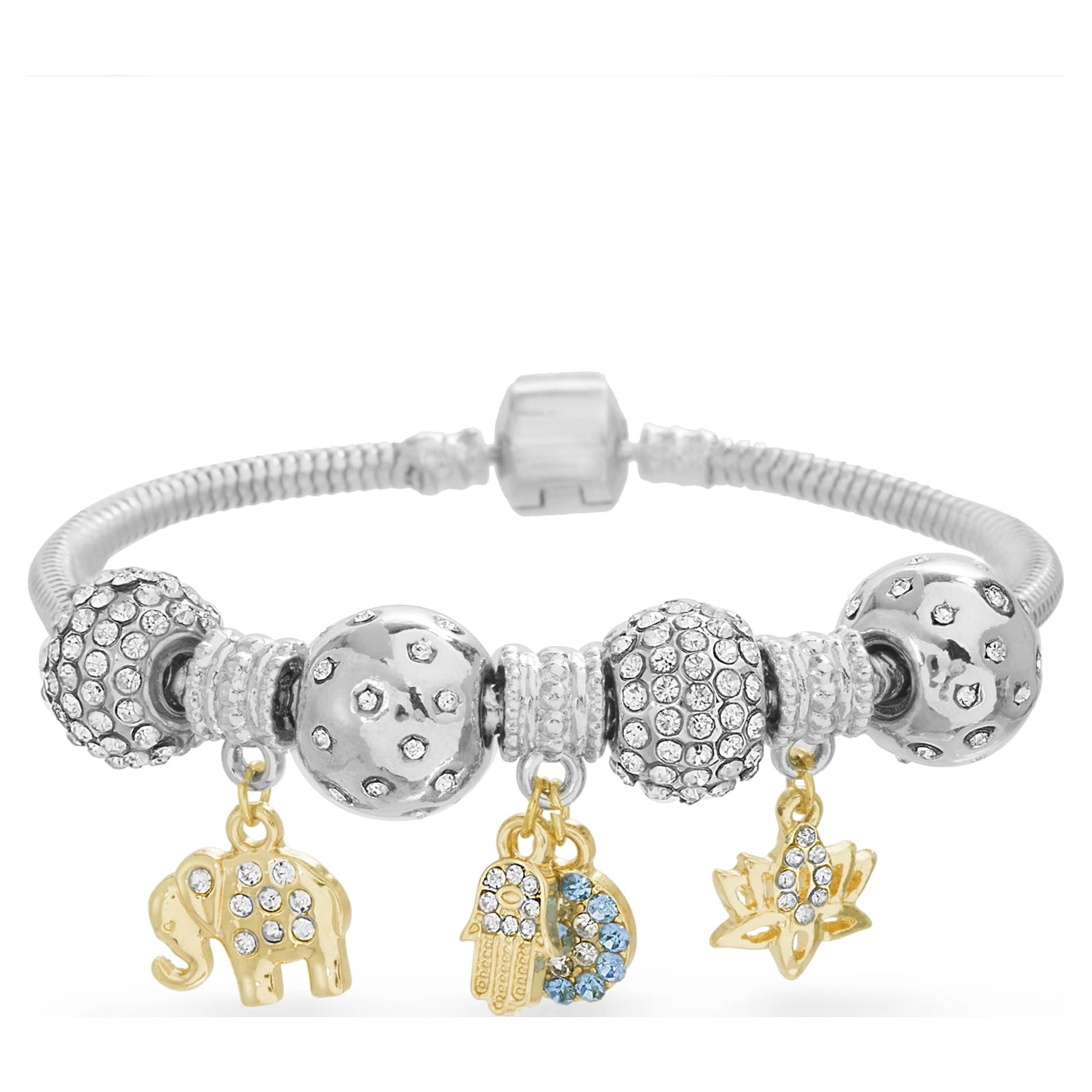Lesa Michele Women's White Crystal Evil Eye and Elephant Charm Beaded Heart Snake Chain Yellow Gold-Tone and Silver-Tone Bracelet