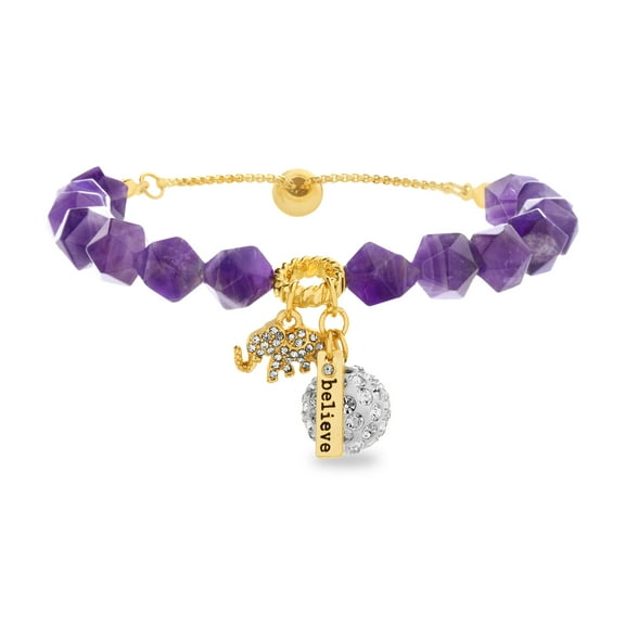 Lesa Michele Yellow Gold Plated Brass Simulated Amethyst Beaded Believe Charm Bracelet for Women