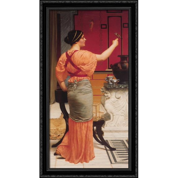 Lesbia with her Sparrow 22x40 Large Black Ornate Wood Framed Canvas Art by John William Godward