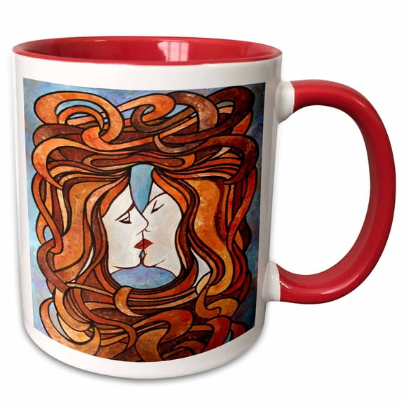3drose, Lesbian Kiss Art Nouveau Style Vector Art, 11oz Two-tone Red Mug