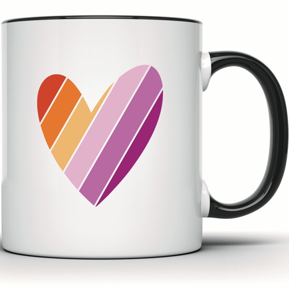 Lesbian Pride Flag Heart Mug - LGBTQ Gift, Rainbow Heart Mug, Lesbian Pride Mug, Unique Lesbian Gift, Pride Month Mug - 11 Ounce Black Rim Handle Novelty Coffee Cup - WMUG1987-BLK