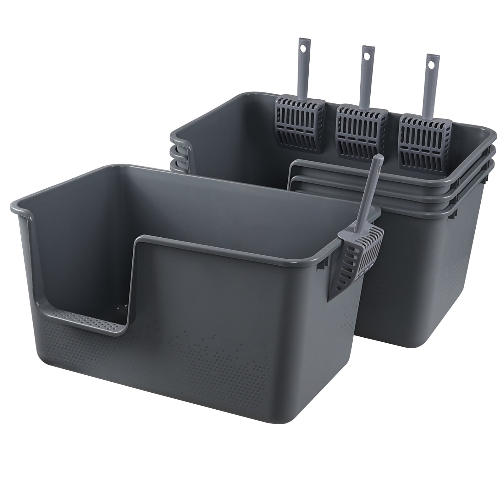 Lesbin 4-Pack Open Top Large Cat Litter Box with High Sided, 12.8" Heigh Anti-Splashing Kitty Litter Box with Scoop, Gray