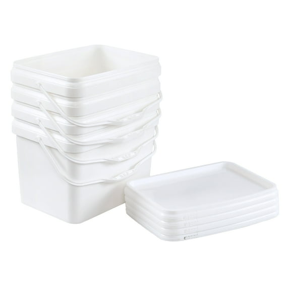 Lesbin 4 Pcs 5 Gallon Plastic Rectangular Bucket Pail with Snap Lid, Square Food Bucket Pail Container with Handle, White