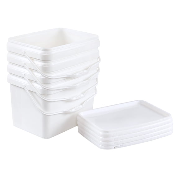 Lesbin 4 Pcs 5 Gallon Plastic Rectangular Bucket Pail with Snap Lid, Square Food Bucket Pail Container with Handle, White