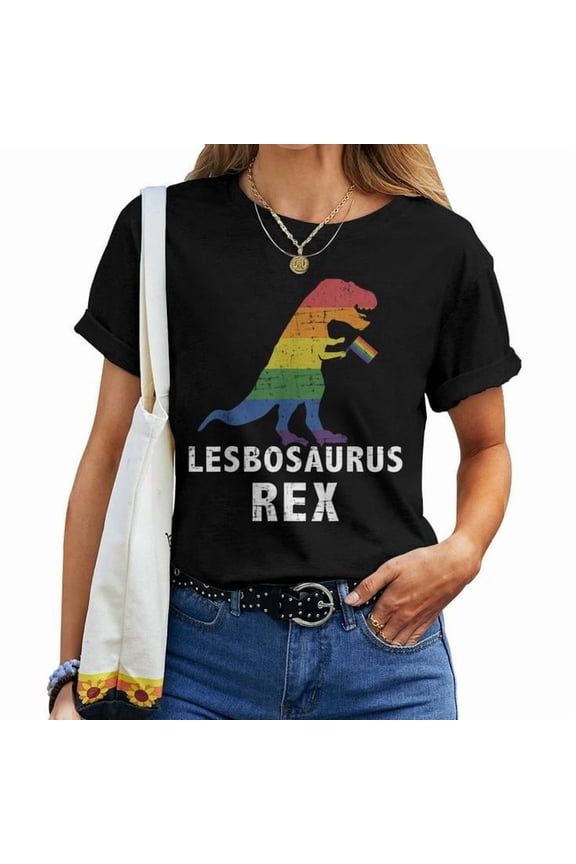 Lesbosaurus Rex Dinosaur Rainbow Flag Graphic Cotton T-Shirt Women Adult Soft Breathable Tee Pride Casual Wear Comfortable Everyday Outfit, Size L, Color Black