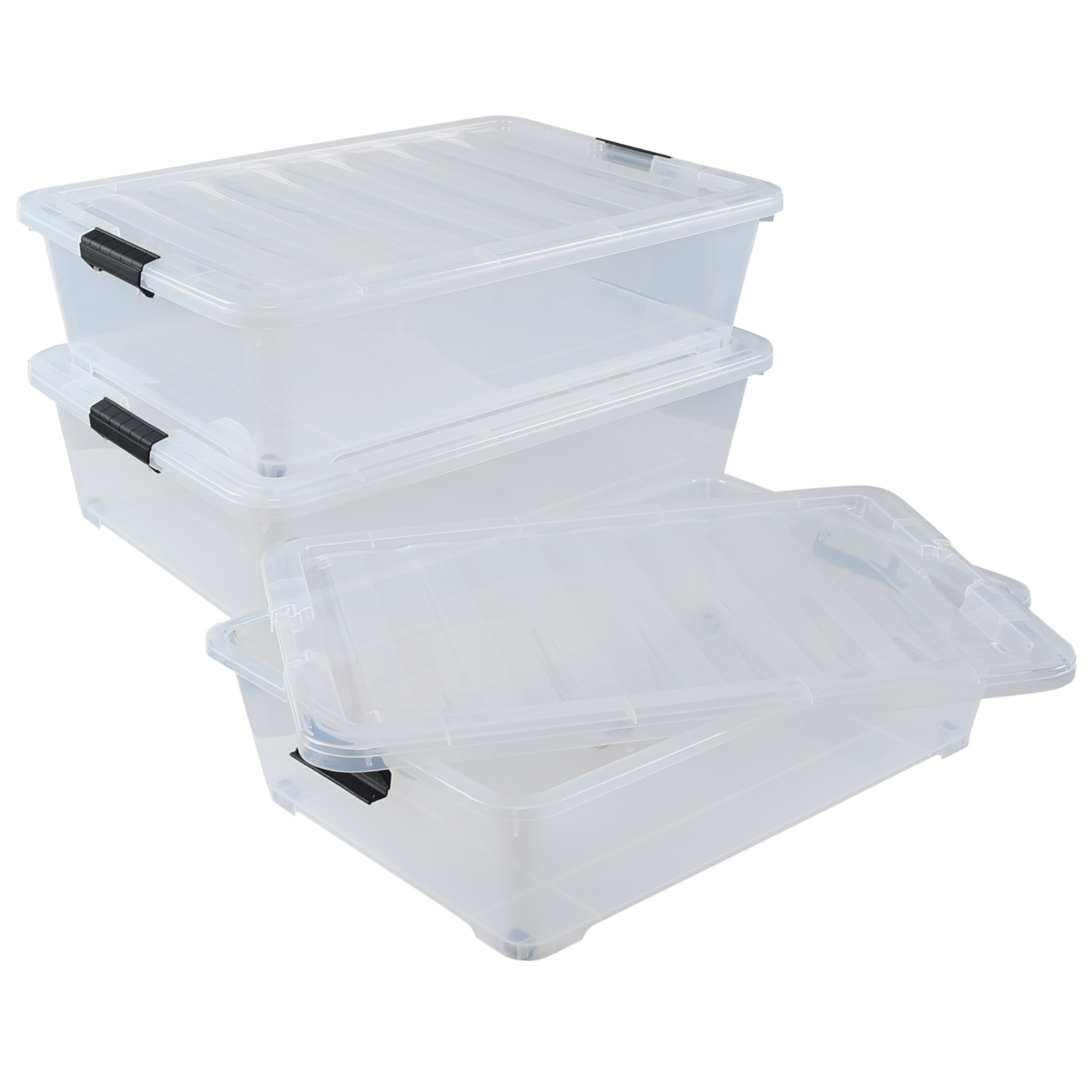 Lesbye 3Pack 50 Qt Wheeled Underbed Storage Boxes, Large Clear Plastic