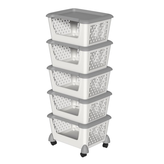 Lesbye Open Stacking Storage Basket with Wheel, 5 Tier Kitchen Stackable Organizer Basket, Gray