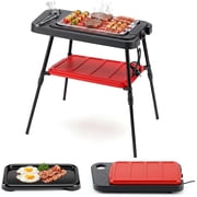 Lesen 2 in 1 Electric Grill & Griddle, 1500W Indoor Outdoor Portable Low Smoke BBQ Grill, Adjustable Stand with Grease Tray, Tabletop or Freestanding for Picnic, Camping & Backyard