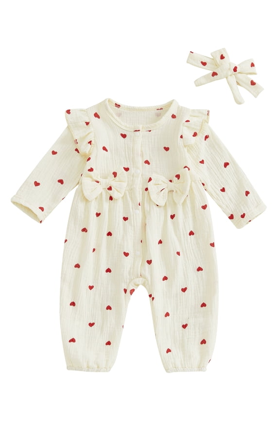Baby Girls Rompers 0M 3M 6M 9M 12M 18M Heart Print Crew Neck Ruffles Bowknot Long Sleeve Fall Bodysuits Jumpsuits with Headband Infant Clothing