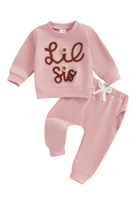Little Girls 2PCS Fall Sister Sets Long Sleeve Crew Neck Sweatshirt Letter Flower Embroidery Tops and Drawstring Pants Newborn Infant Clothing